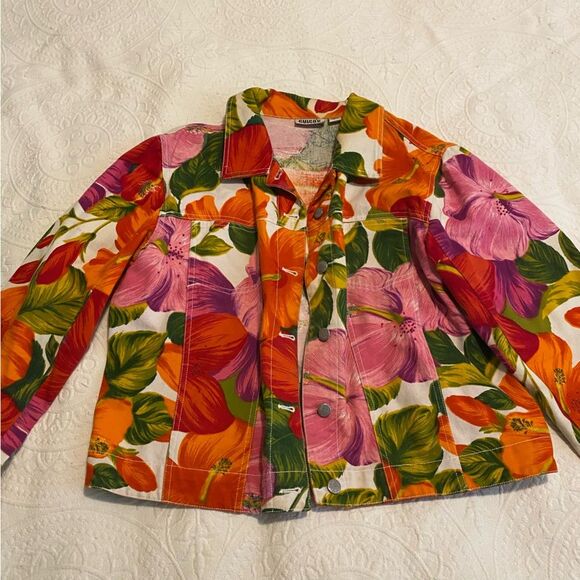 Chico’s Design size 0 Small Floral Tropical Hibiscus Pink & Orange Denim Jacket - Picture 2 of 12